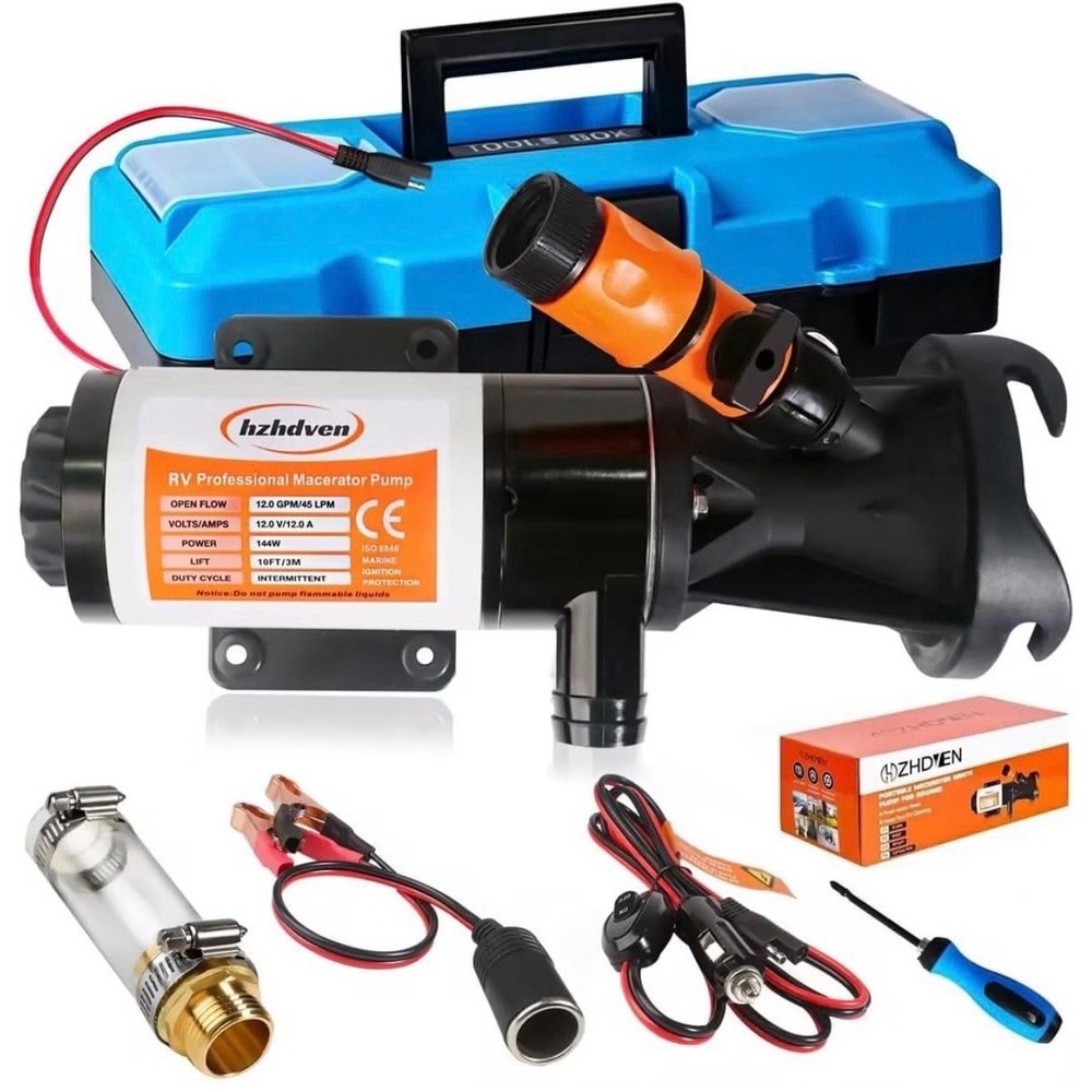 RV Macerator Pump 12V,Portable Waste Pump,12GPM Suction 3.2 feet Lift 14 feet wi